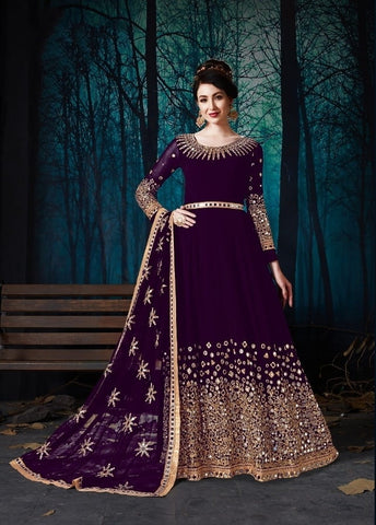 Wine Color Party Wear Georgette Embroidered Stone Mirror Work Salwar Suit