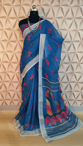 Blue Color Cotton Linen All Over Butti Weaves Rich Border Pallu Saree Blouse