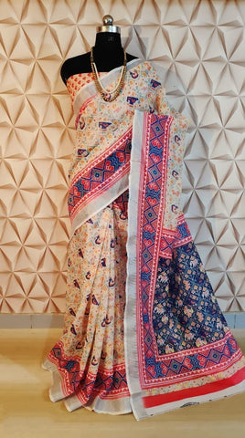 Cream Color Cotton Linen All Over Weaves Butti Saree Blouse For Women