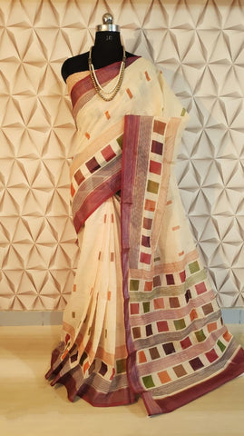 Flax Color Cotton Linen All Over Butti Weaves Rich Border Pallu Saree Blouse