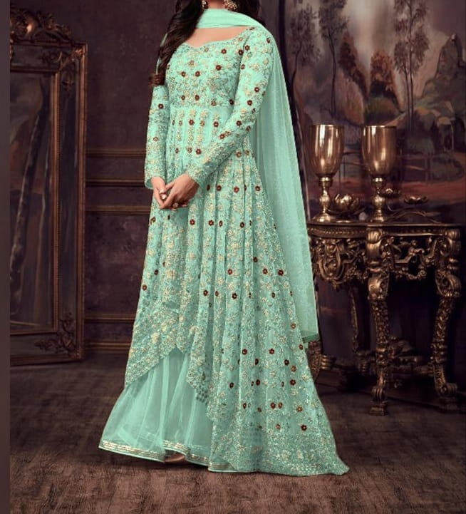 Jade Color Net Embroidered Cording Sequence Stone Work Salwar Suit