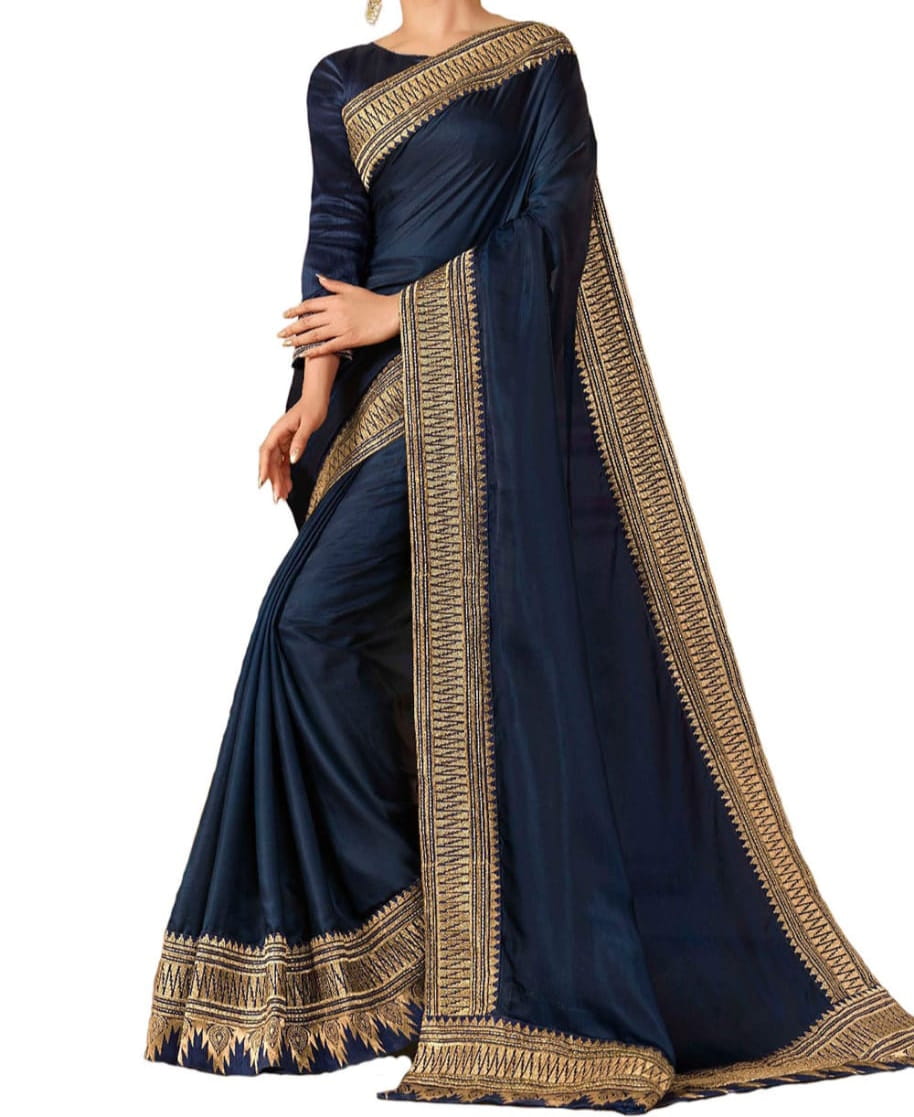 Navy Blue Vichira Silk Embroidered Work Saree Blouse For Party Wear