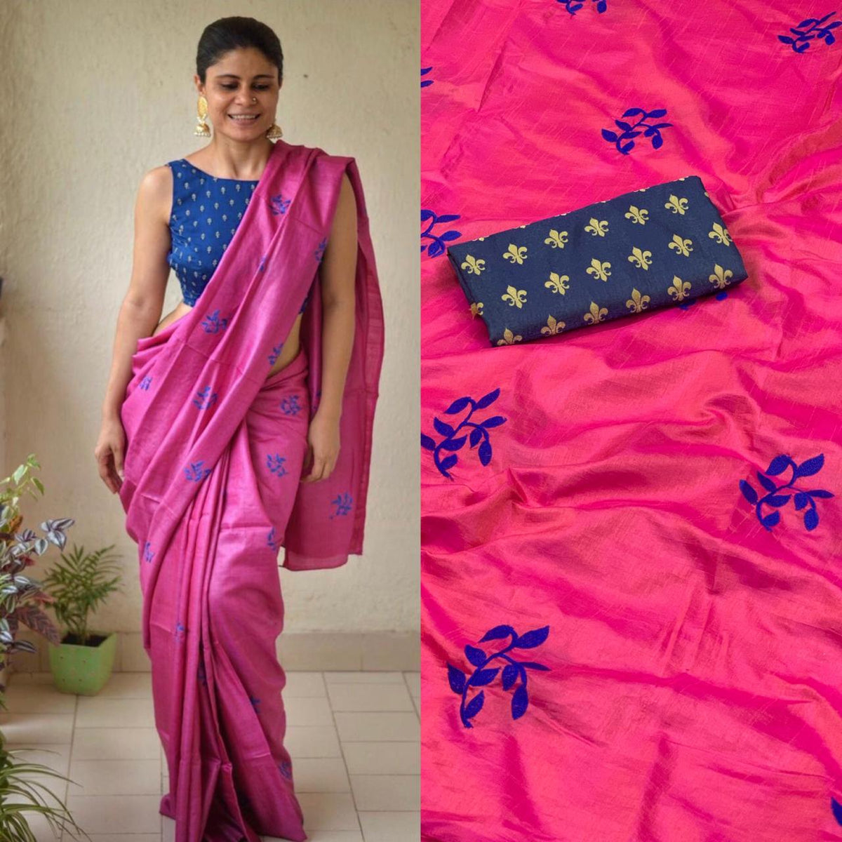 Deep Pink Color Sana Silk Embroidered Work Saree Blouse For Wedding Wear