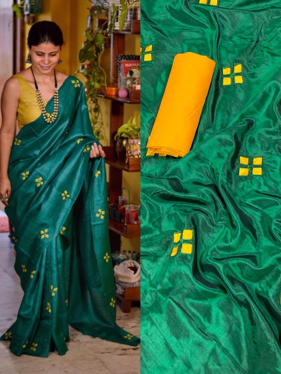 Rama Green Color Sana Silk Embroidered Work Saree Blouse
