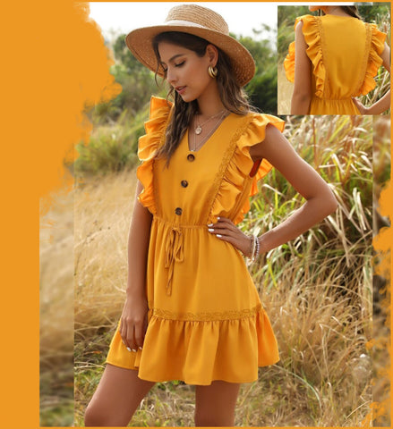 Mustard Color Button Front Latest Ruffle A-line Western Dress