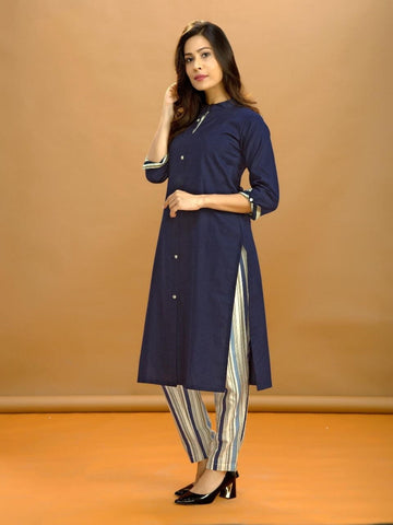 Navy Blue Cotton With Digital Print Pent Kurti Design Online VT3095119D