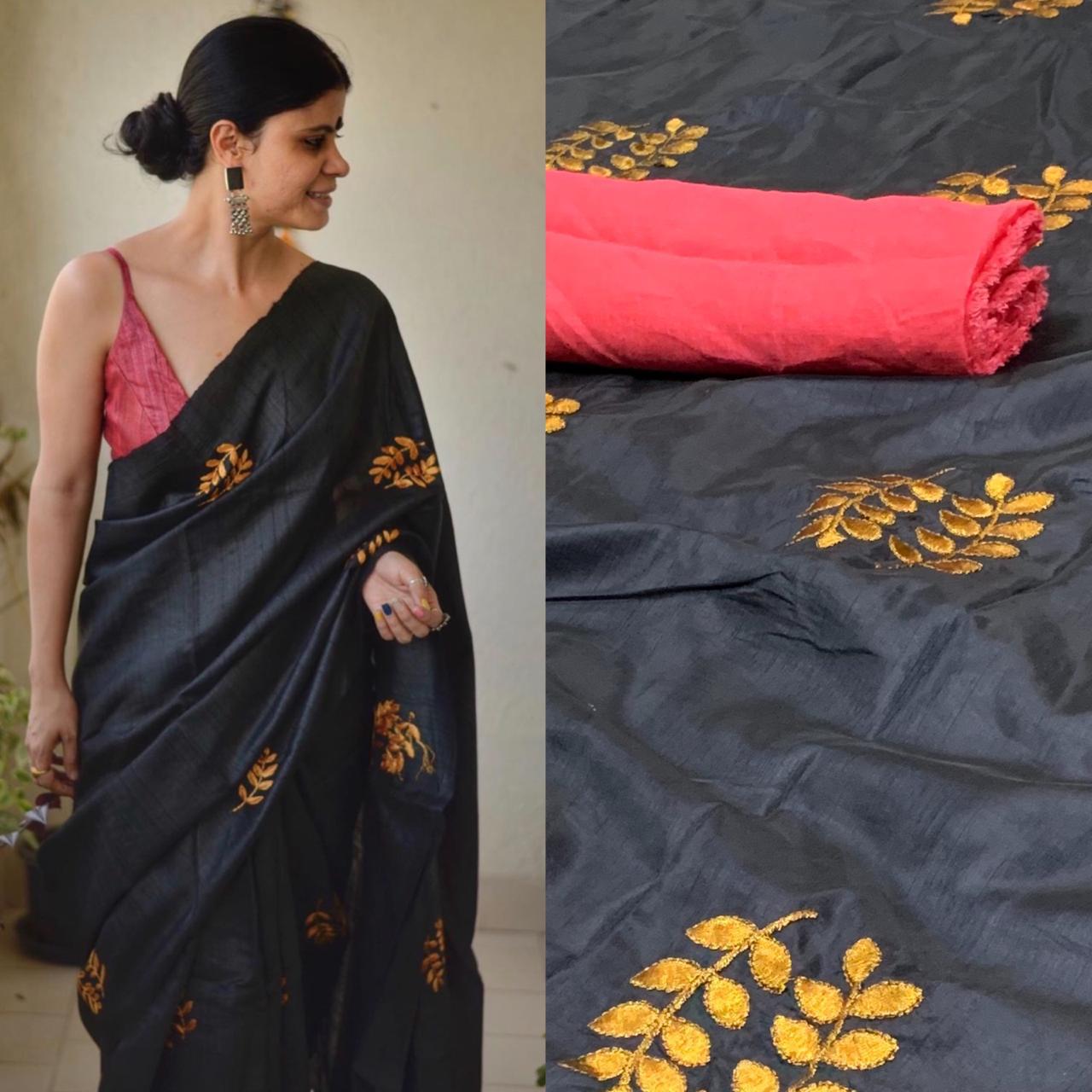 Black Color Sana Silk Embroidered Work Saree Blouse For Festive Wear
