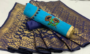 Sky Blue Color Chanderi Cotton Khatli Hand Daman Moti Work Salwar Suit