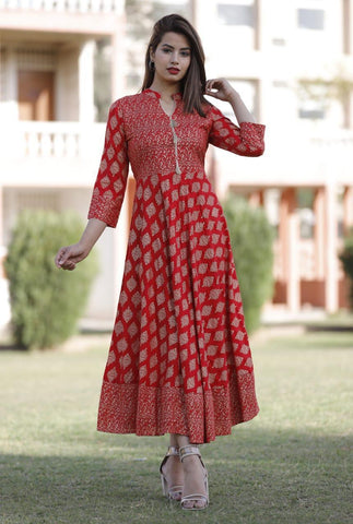 Red Color Rayon Gold Printed Button Tussles Full Stitched Festive Wear Gown