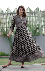 Black Color Gold Printed Rayon Full Stitched Gown For Festive Wear