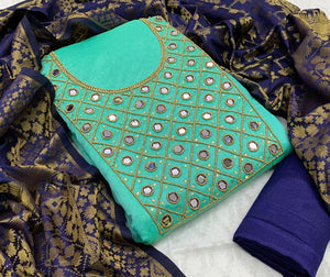 Firozi Color Chanderi Cotton Khatli Hand Daman Moti Work Salwar Suit For Women