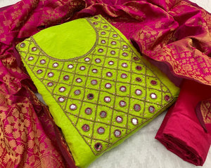 Lime Color Khatli Daman Moti Hand Work Cotton Chanderi Festive Wear Salwar Suit