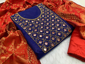 Royal Blue Color Chanderi Cotton Khatli Moti Work Party Wear Salwar Suit