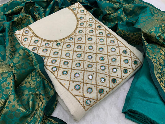 White Color Chanderi Cotton Khatali Hand Moti Work Salwar Suit For Party Wear