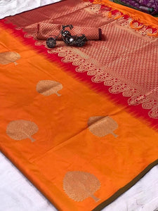Orange Color Lichi Silk Jacquard Weaving Saree Blouse For Festive Wear