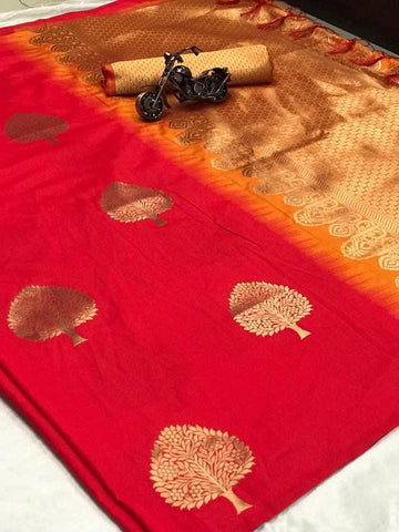 Opulent Red Color Lichi Silk Jacquard Weaving Rich Pallu Saree Blouse For Women