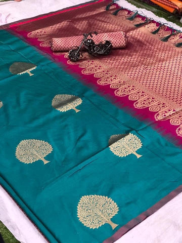 Teal Color Jacquard Weaving Lichi Silk Saree Blouse For Wedding Wear