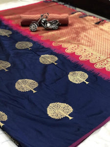 Navy Blue Color Party Wear Lichi Silk Jacquard Weaving Saree Blouse