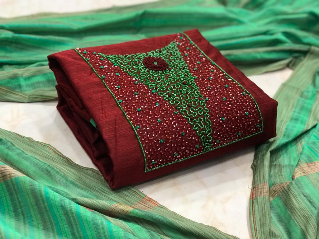 Maroon Color Hand Work Chanderi Party Wear Salwar Suit For Women