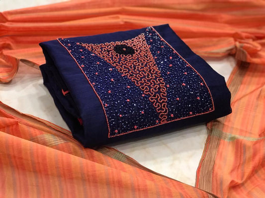 Navy Blue Color Chanderi Hand Work Party Wear Salwar Suit