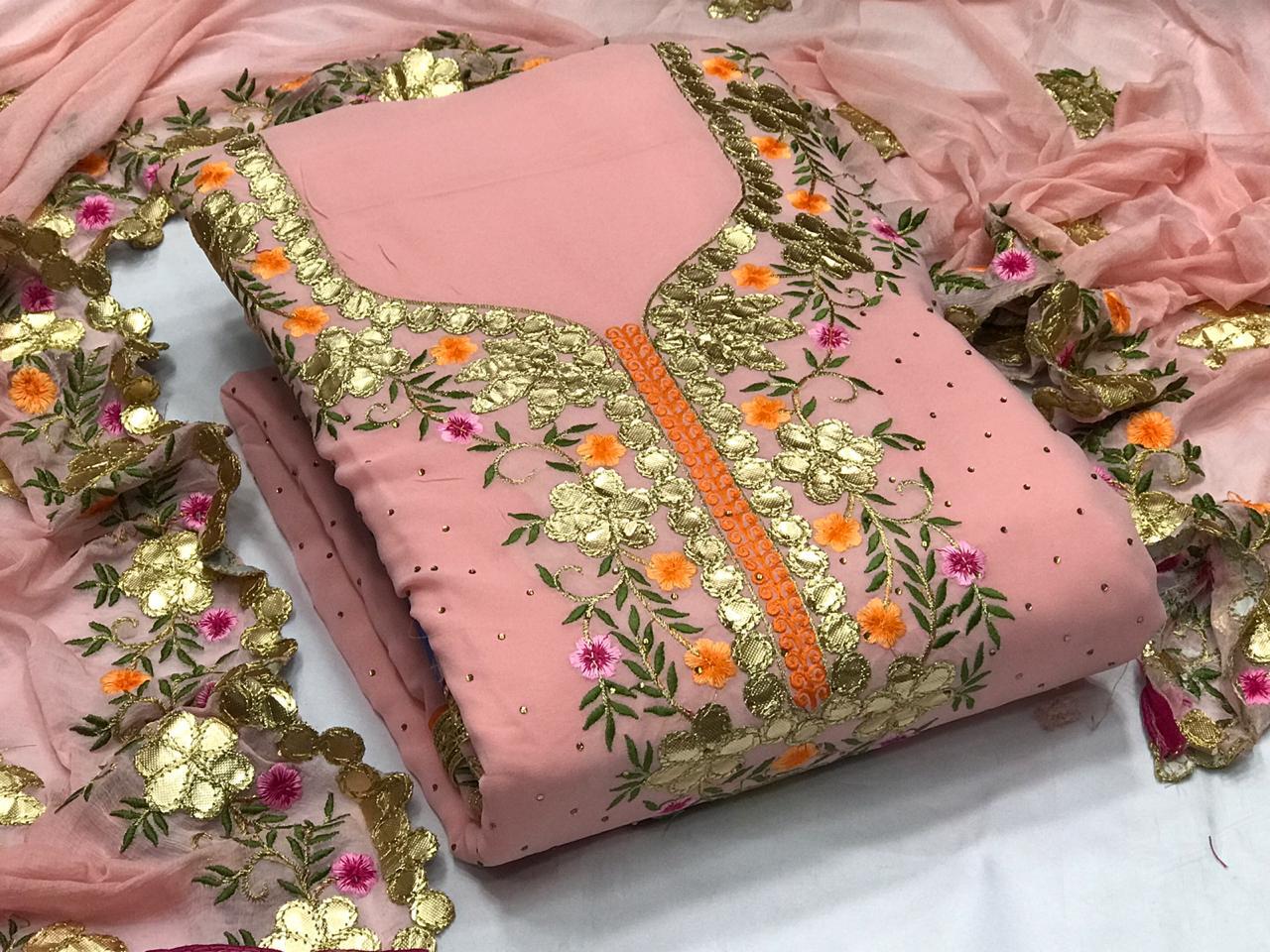 Rose Pink Color Georgette Embroidered Gotta Pati Diamond Work Salwar Suit