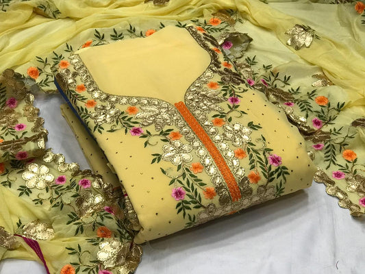 Fancy Amber Color Georgette Gotta Pati Embroidered Diamond Work Salwar Suit For Party Wear