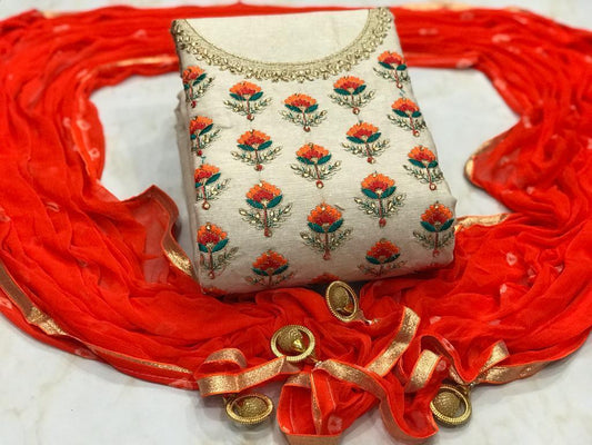 Orange Color Chanderi Embroidered Work Party Wear Salwar Suit