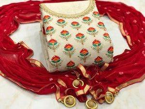 Carmine Color Chanderi  Fancy Embroidered Work Festive Wear Salwar Suit