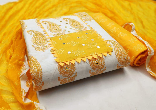 Yellow Color Party Wear Glace Cotton Printed Mirror Work Salwar Suit