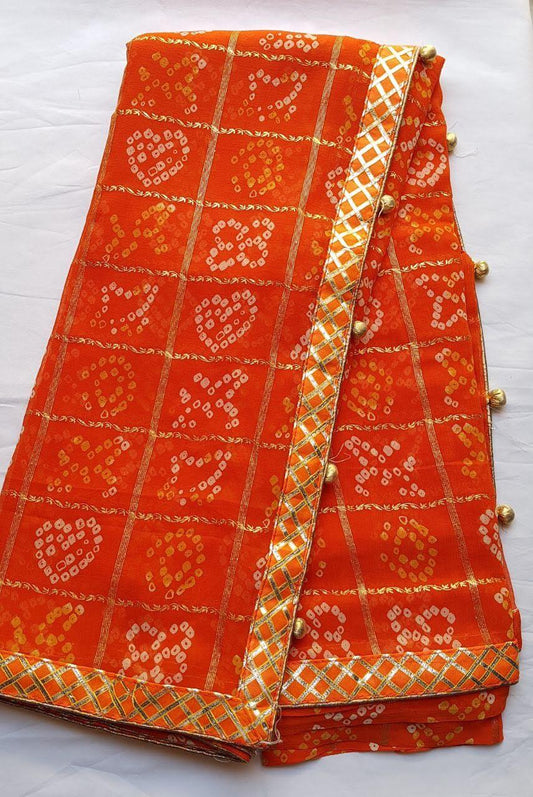 Redorange Color Georgette Gotta Patti Border Saree Blouse For Wedding Wear