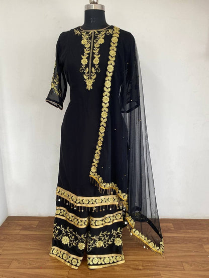 Festive Black Color Full Stitched Georgette Embroidered Hand Work Plazo Salwar Suit For Wedding Wear