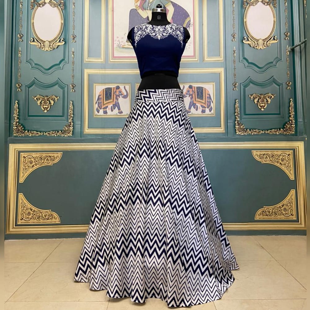 Marvellous Blue Color Wedding Wear Taffeta Silk Digital Printed Lehenga Choli