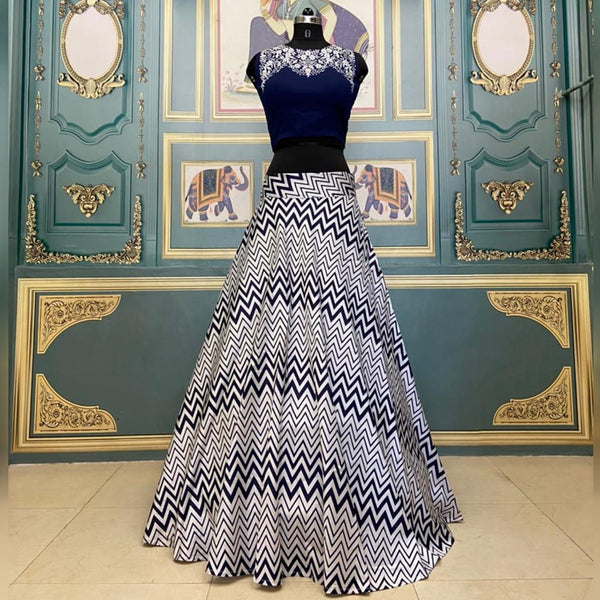 Marvellous Blue Color Wedding Wear Taffeta Silk Digital Printed Lehenga Choli