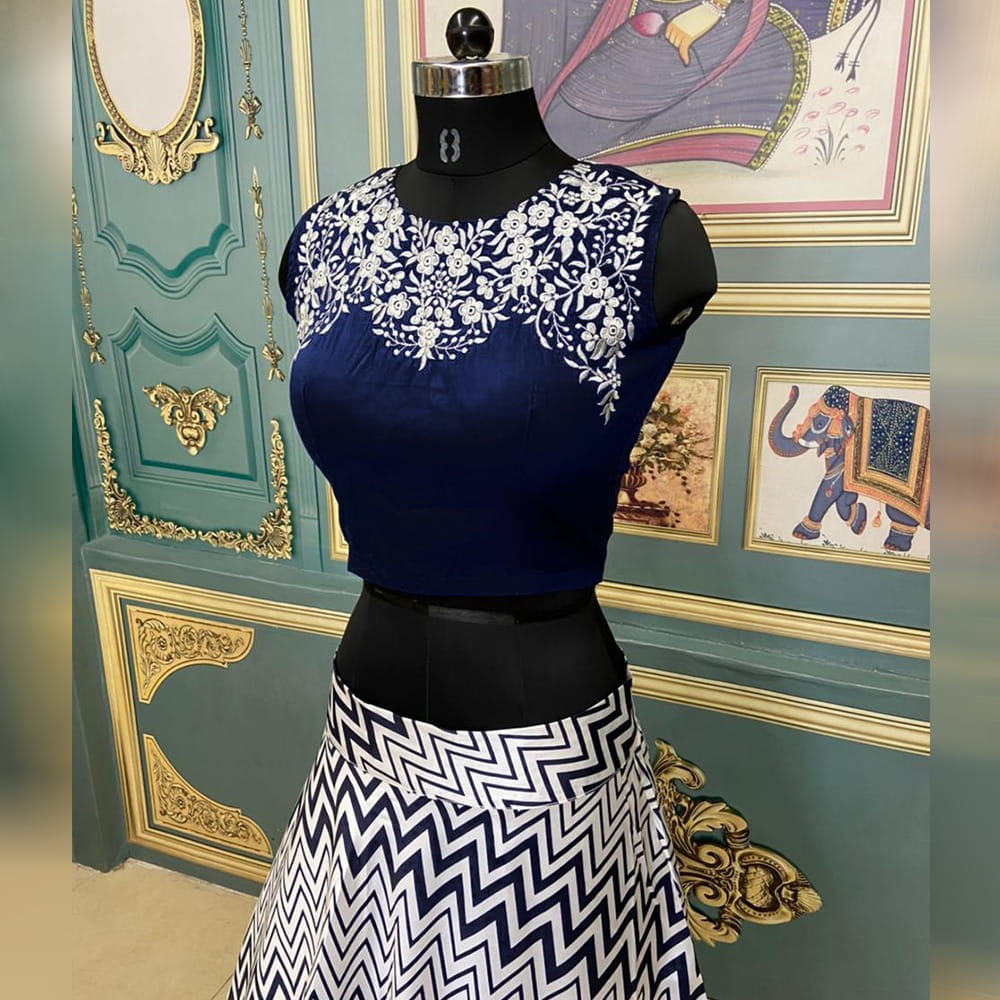 Marvellous Blue Color Wedding Wear Taffeta Silk Digital Printed Lehenga Choli
