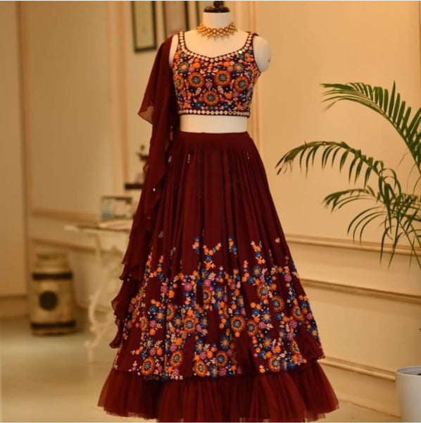 Stunning Maroon Color Net Ruffle Georgette Thread Embroidered Work Designer Lehenga Choli For Wedding Wear