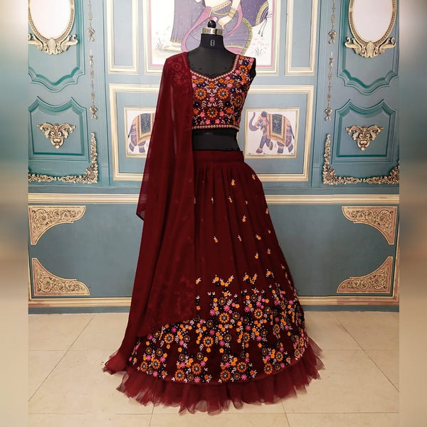 Stunning Maroon Color Net Ruffle Georgette Thread Embroidered Work Designer Lehenga Choli For Wedding Wear