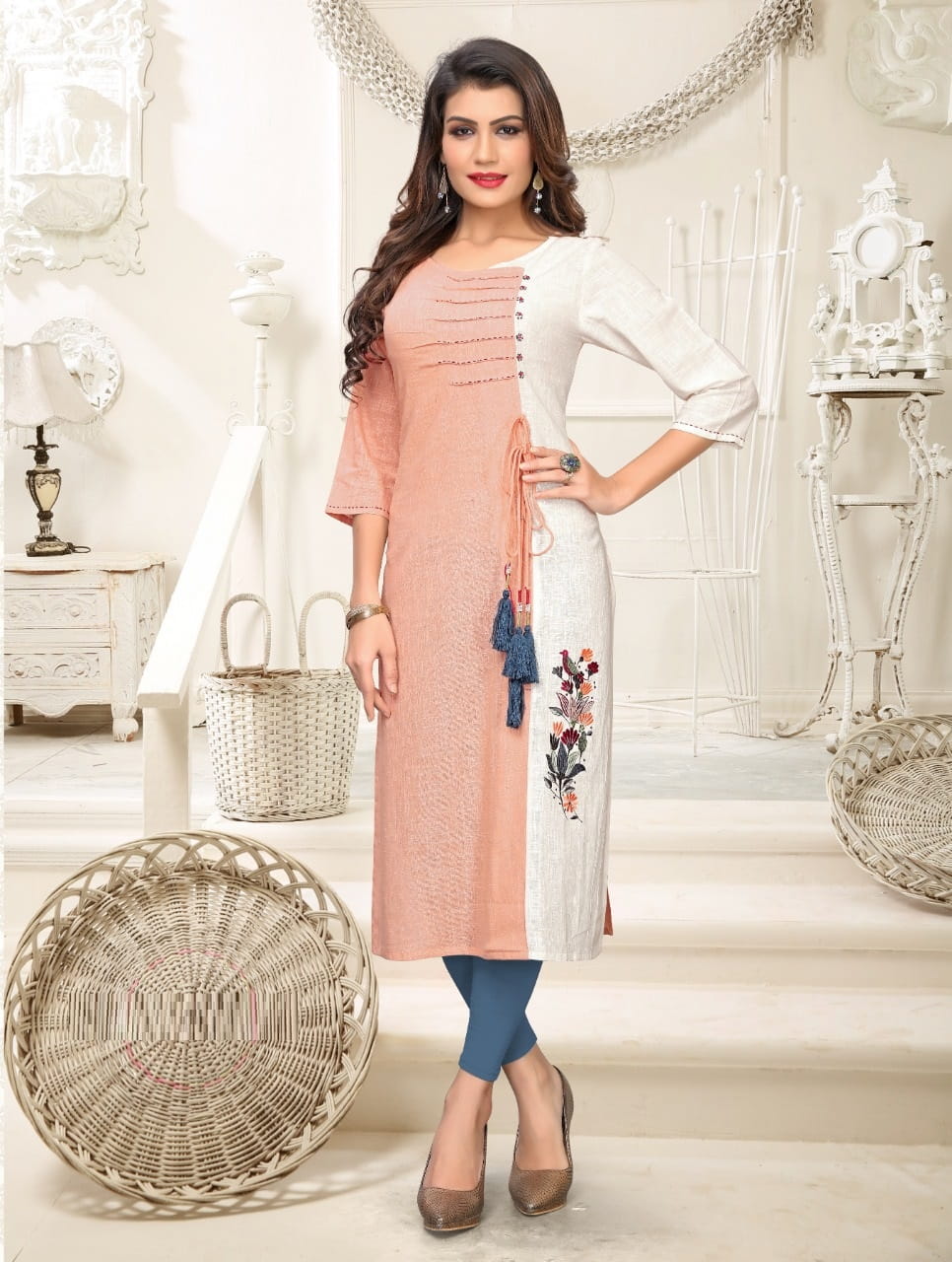 Party Wear Peach Color Plain Rayon Kurti For Women