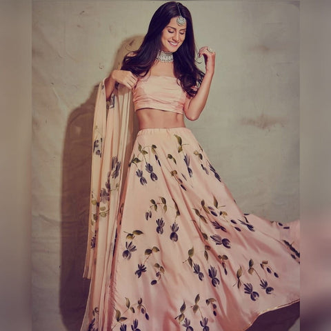 Dazzling Peach Color Designer Digital Printed Fancy Lace Italian Silk Wedding Wear Lehenga Choli