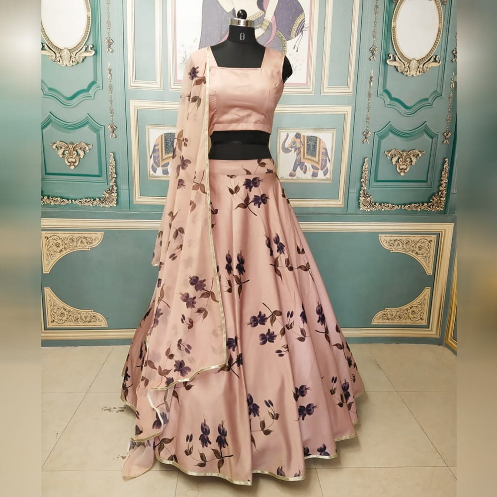 Dazzling Peach Color Designer Digital Printed Fancy Lace Italian Silk Wedding Wear Lehenga Choli