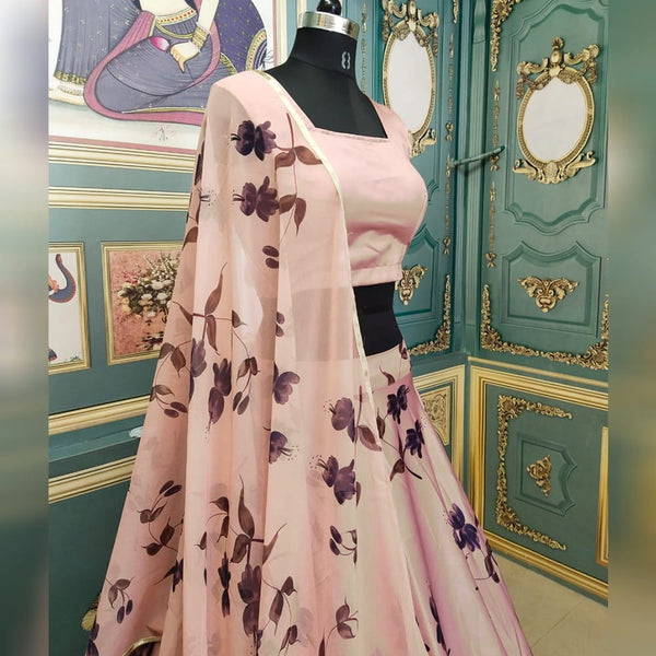 Dazzling Peach Color Designer Digital Printed Fancy Lace Italian Silk Wedding Wear Lehenga Choli