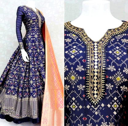 Fabulous Blue Color Full Stitched Taffeta Silk Embroidered Work Digital Printed Designer Wedding Wear Gown