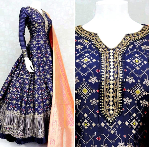 Fabulous Blue Color Full Stitched Taffeta Silk Embroidered Work Digital Printed Designer Wedding Wear Gown