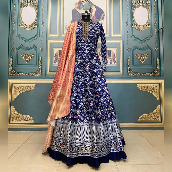 Fabulous Blue Color Full Stitched Taffeta Silk Embroidered Work Digital Printed Designer Wedding Wear Gown