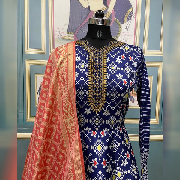 Fabulous Blue Color Full Stitched Taffeta Silk Embroidered Work Digital Printed Designer Wedding Wear Gown