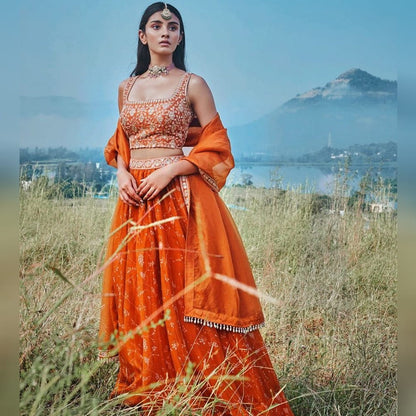 Appealing Orange Color Organza Digital Printed Embroidered Work Lehenga Choli