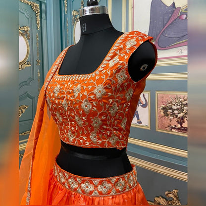 Appealing Orange Color Organza Digital Printed Embroidered Work Lehenga Choli
