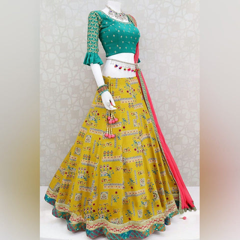Wonderful Yellow Color Function Wear Italian Silk Digital Printed Lehenga Choli Design