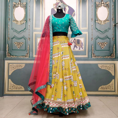 Wonderful Yellow Color Function Wear Italian Silk Digital Printed Lehenga Choli Design