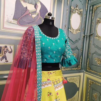 Wonderful Yellow Color Function Wear Italian Silk Digital Printed Lehenga Choli Design