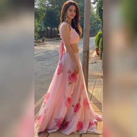 Sensational Light Pink Color Digital Printed Design Georgette Ready Made Lace Work Wedding Wear Lehenga Choli